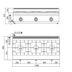 Gasherd - 31 KW - 3 Brenner -Berühmter Küchengeräte Laden GHB164T drawing b5cc