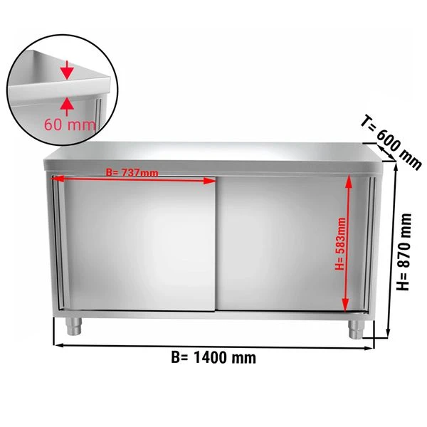 Edelstahl Arbeitsschrank PREMIUM - 1400x600mm - Mit Schiebetür Ohne Aufkantung 5 Edelstahl Arbeitsschrank PREMIUM - 1400x600mm - Mit Schiebetür Ohne Aufkantung – Bild 3
