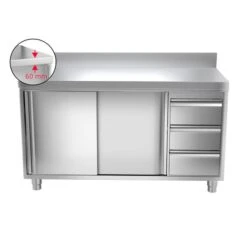 Edelstahl Arbeitsschrank PREMIUM - 1400x600mm - Mit 3 Schubladen Rechts & Aufkantung -Berühmter Küchengeräte Laden ask147a r icon a856
