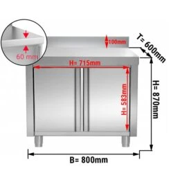 Edelstahl Arbeitsschrank PREMIUM - 800x600mm - Mit Flügeltür & Aufkantung -Berühmter Küchengeräte Laden ask86a masse 7339