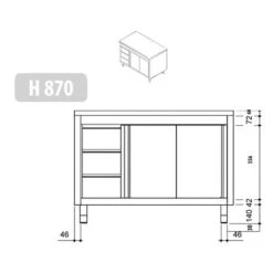 Edelstahl Arbeitsschrank PREMIUM - 1600x700mm - Mit 3 Schubladen Links Ohne Aufkantung -Berühmter Küchengeräte Laden stainless steel workcabinet without backsplash 3 drawers left drawing 1 98ca 1