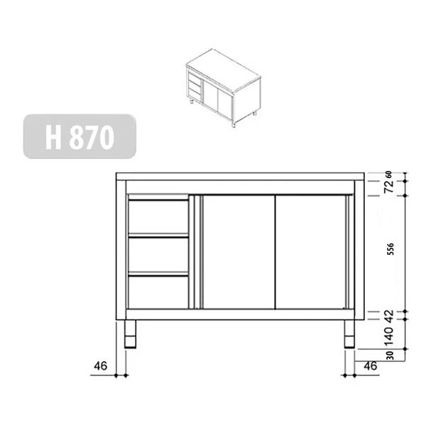 Edelstahl Arbeitsschrank PREMIUM - 1400x600mm - Mit 3 Schubladen Links Ohne Aufkantung - Image 6